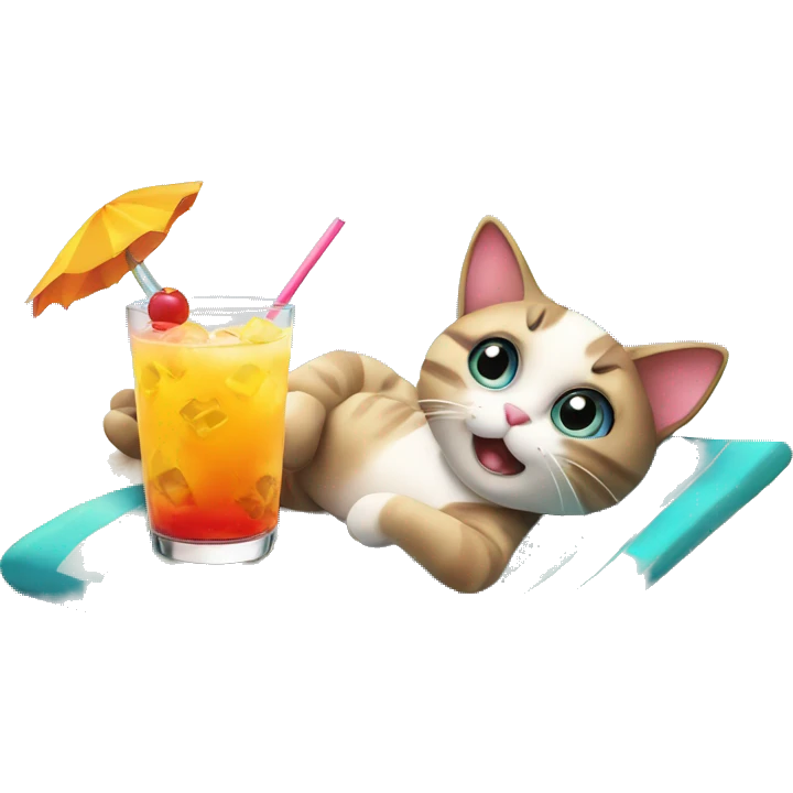 A cat is relaxing on the beach with a cocktail emoji