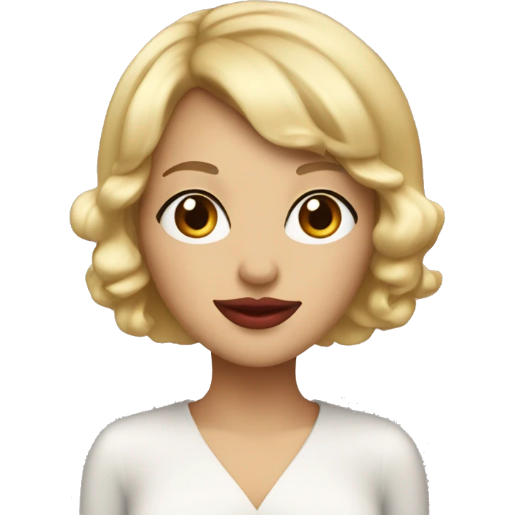 blonde with a bob and brown eyes in a New Year's cap and red lips emoji