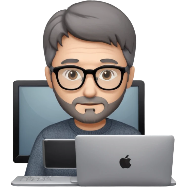 Profesor de pelo gris marrón oscuro con gafas un poco de barba jersey gris y un ordenador los óleos son marrones con poca cantidad de pelo emoji