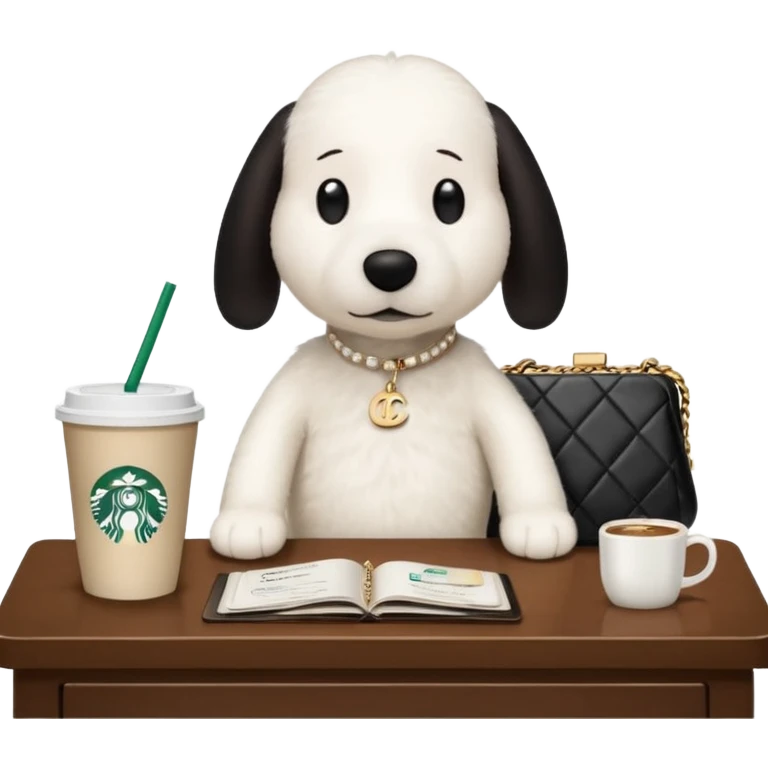 snoopy in a desk with starbucks and his chanel purse emoji