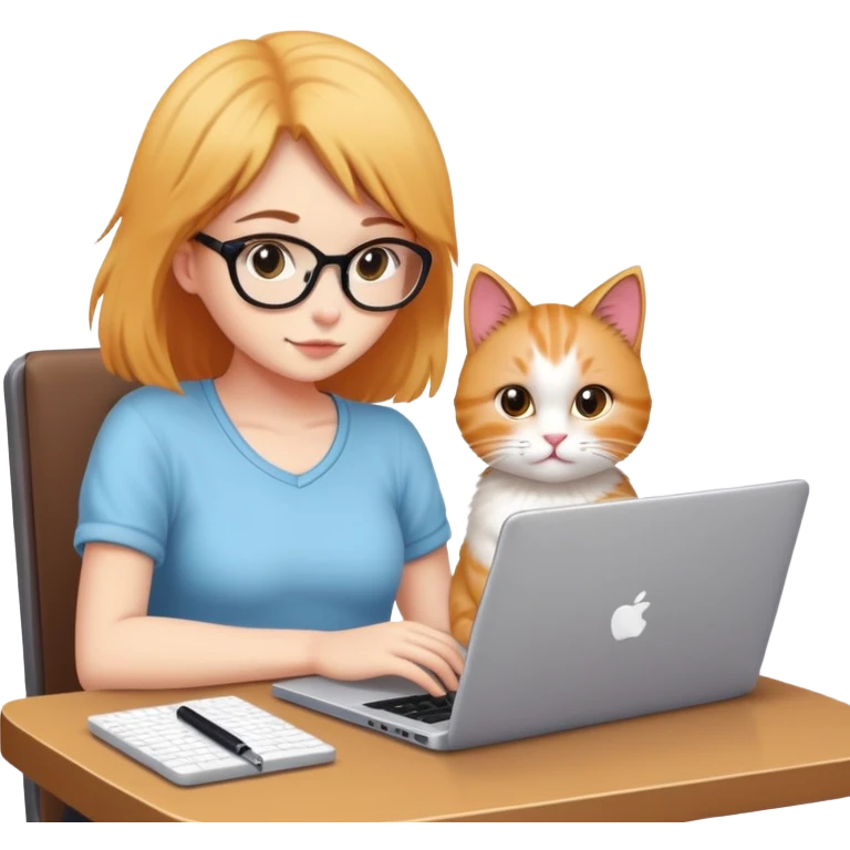A girl is working hard on a laptop with a cat next to it emoji