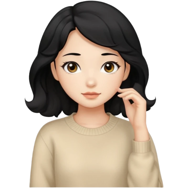 Beautiful girl,Black hair,wavy hair，long hair,Black eyes,Chinese, beige sweater  emoji