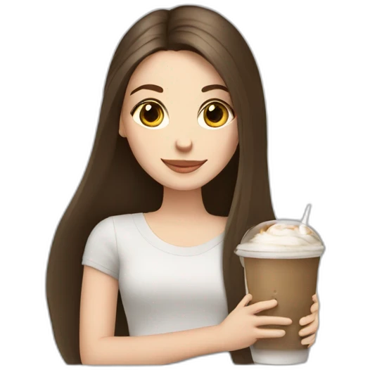 a brunette white girl with long straight hair holding an iPad and an Ice Latte emoji