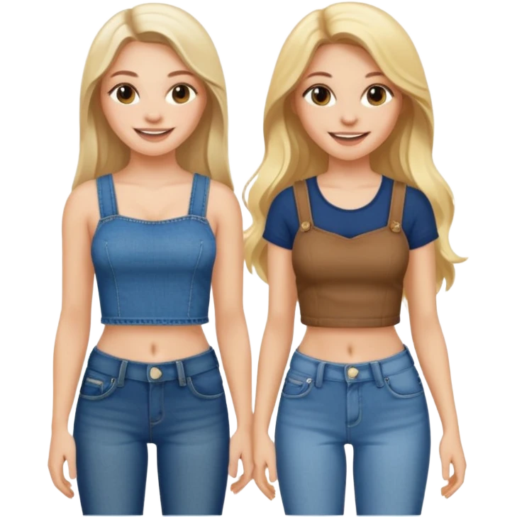 a long hair brunette white girl and a blonde girl in jeans and crop tops smiling friends emoji