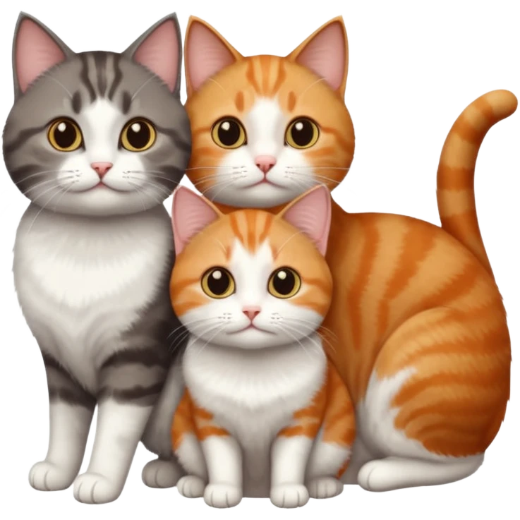 3 different coloured short haired cats including; a dark brown tabby and white cat, and a dark grey and white and a ginger and white emoji