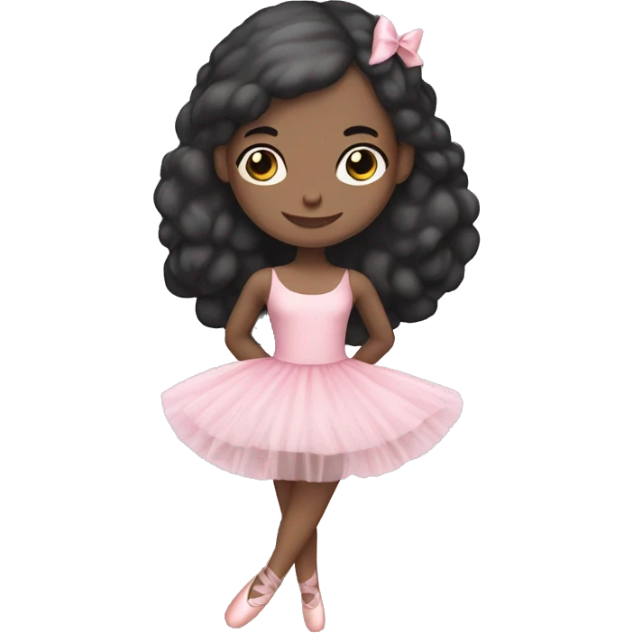a ballerina with a cute pink tutu and has pale white skin with ballerina shoes and a bow on her head with black hair emoji