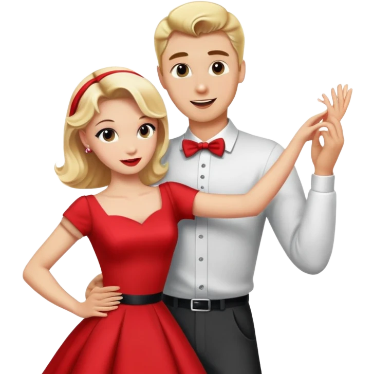 Create a blonde girl and blonde guy dancing and she is wearing a 50s red dress emoji