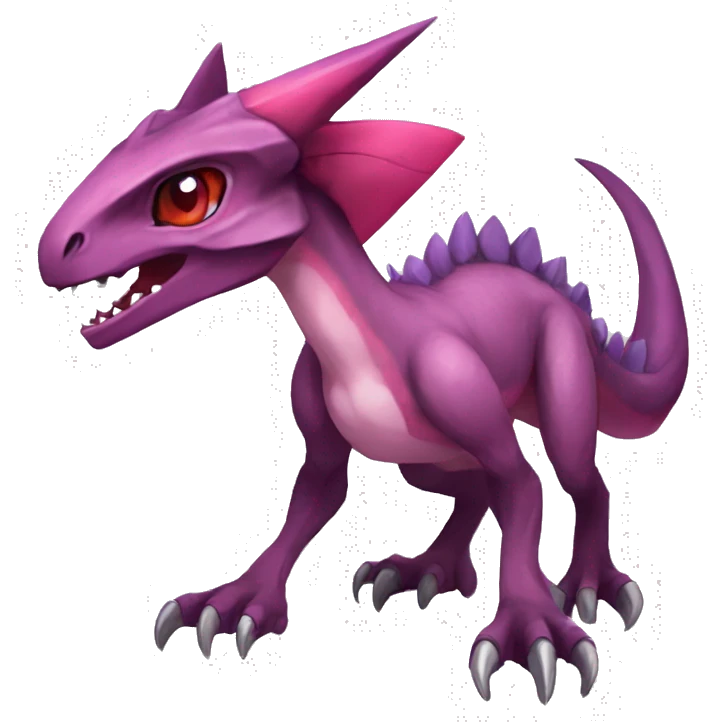 Chibi-Anthro Mauve-maroon-red-colored edgy anthro-genesect-velociraptor-scalie-sona-Fakémon-hybrid with a purple-pink mane on head and back and horns full body emoji
