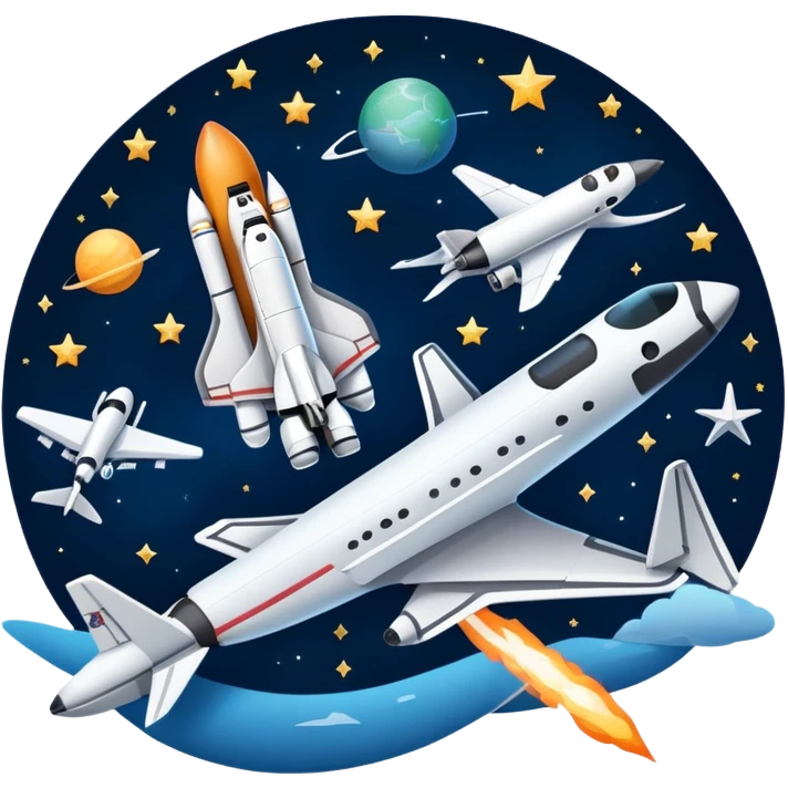 An icon featuring a space shuttle, a drone, and an airplane against a starry sky, symbolizing aerospace technology. The design includes rocket boosters and satellite orbits, representing the exploration of space and advanced aviation. Transparent background emoji
