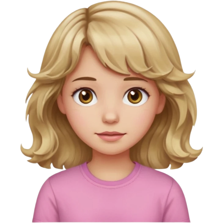girl with wavy dirty blonde hair and wavy bangs, hazel eyes, white skin, pink cute shirt emoji