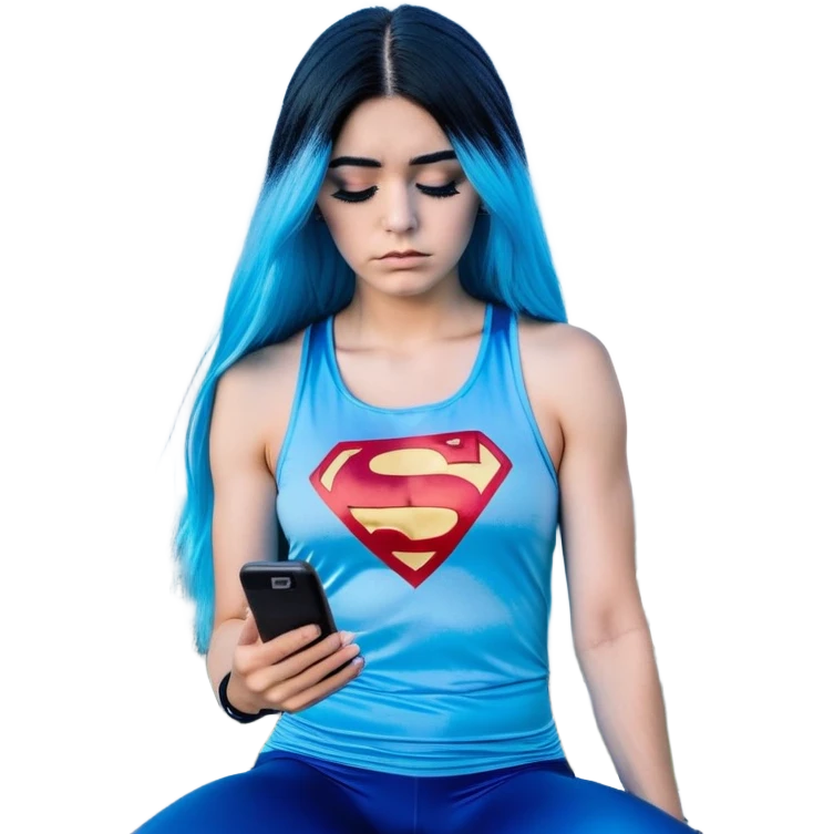 Shameful disappointed crying-very very very very big chest-texting on a samsung cell phone-very long straight flowing black to sky blue hair ombre-blue eyes-black eyeliner-long eyelashes-plastic sparkling sky blue very low cut tank top with sparkling superman logo-black leggings-nike sneakers emoji