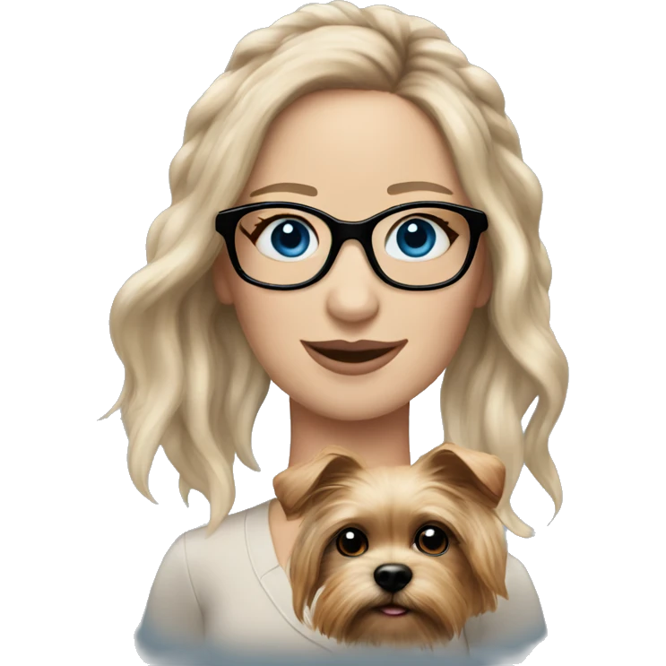 Jennifer Lawrence realistic with blue eyes and glasses holding a Yorkshire terrier  emoji