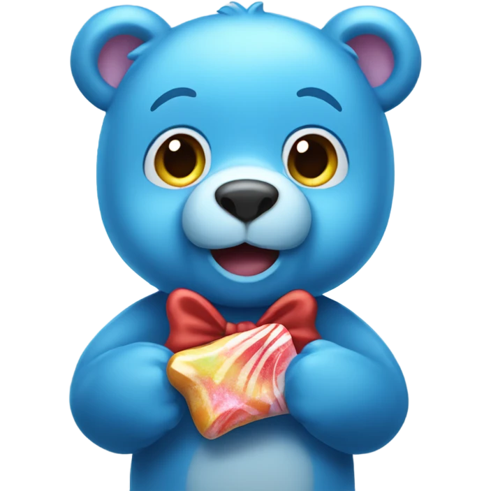 a cute blue bear holding a candy emoji