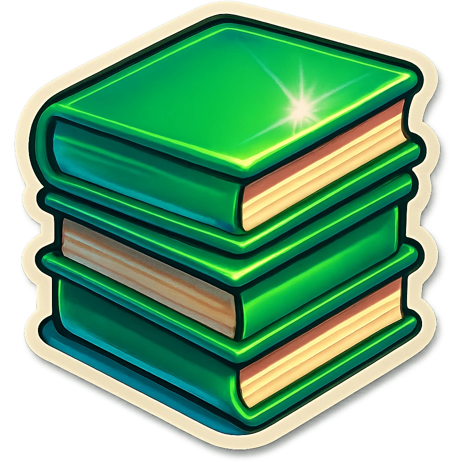 A stack of green books in retro stickers style, with a vintage design and a retro vibe emoji