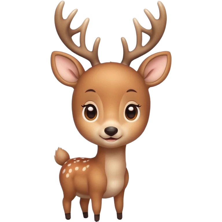A cute deer is lying, small and simple, with big round eyes, a gentle smile, short antlers, soft beige fur with slightly lighter spots on its back, rounded cartoon-like proportions, minimal shading, vector-style, emoji