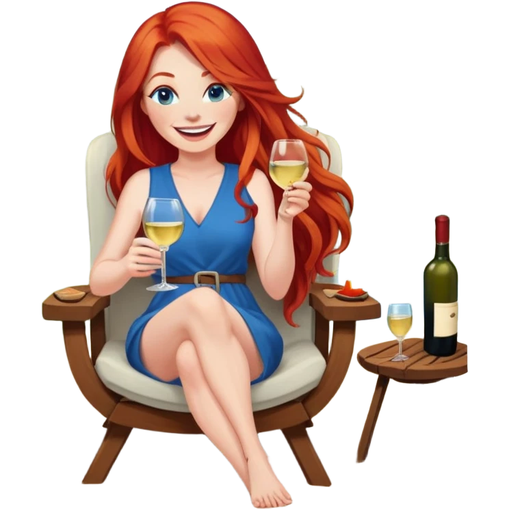 Laughing woman with long red hair and blue eyes holding white wine sitting in chair with feet up beside fire pit emoji