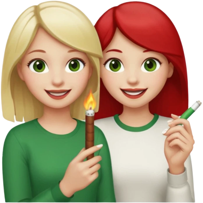 a girl with blonde hair and green eyes that are red in the white part holding a joint, and a girl with darkbrown hair beside her laughing with brown eyes that are also red on the white part emoji