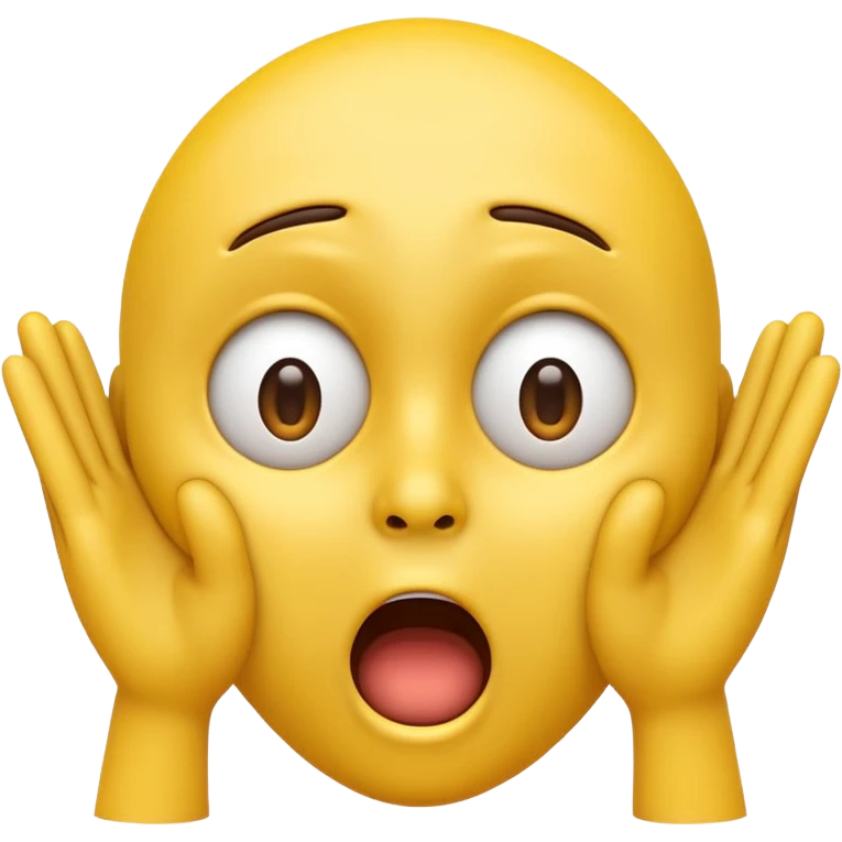 A 3D glossy yellow emoji of a shocked horrified face, with mouth and eyes are wide open, eyebrows  raised, and hands against their cheeks, face has no nose, black background, high quality, soft studio lighting emoji