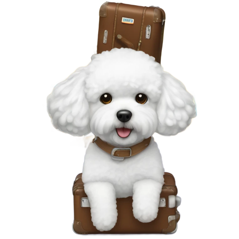 A world traveler, Bichon Frise, with a suitcase filled with iconic places stickers on the suitcase  emoji