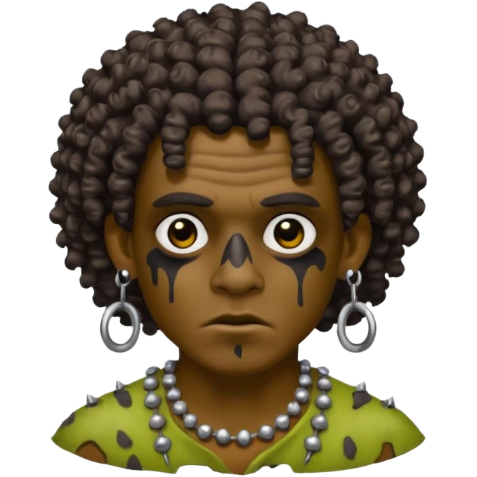 Zumbi man with curly hair, black eye, studded earrings on both ears emoji