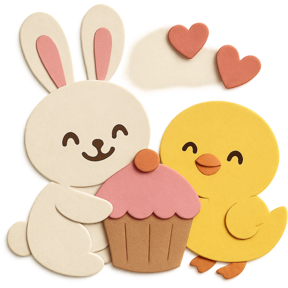 Make both the bunny and chick have happy, smiling faces, keep the paper-craft style and color palette emoji