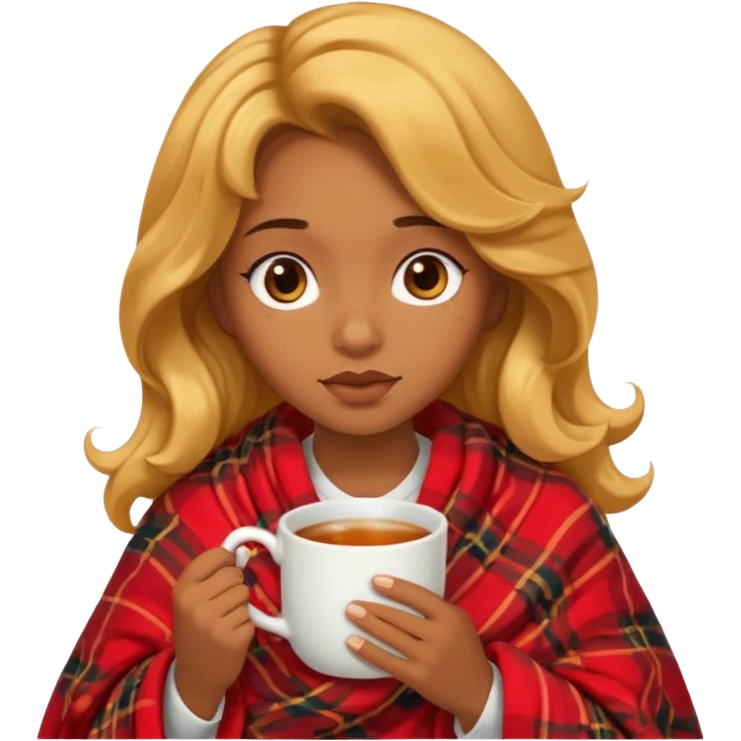 cute and sexy brown skin girl, golden wavy hair, sexy face expression, feeling sick, nose is red due to sickness, covered by blanket, holding tea mug in hands emoji