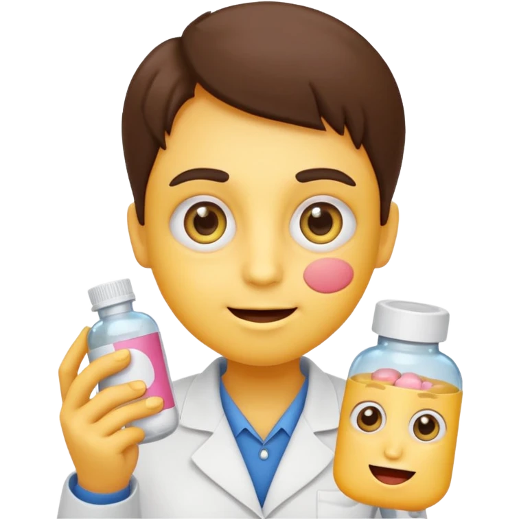 Can you create an emoji where it’s a basic yellow face emoji with wide crazy eyes and a small smile as well as blushed cheeks, and have it holding a pill near its mouth while a prescription bottle is next to it emoji
