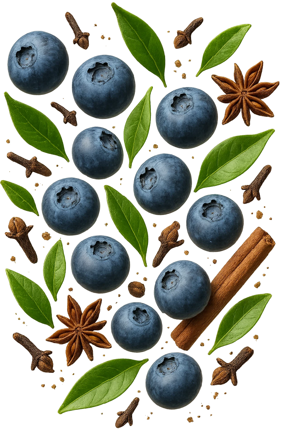 mirtilli, thè verde, spezie, fluttuano in aria, iperrealistico 4k emoji