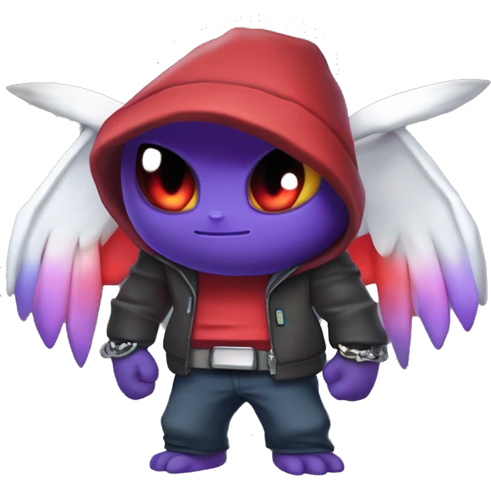 pokemon gibi
Un personnage crânien stylisé avec capuche sombre, ailes lumineuses multicolores (rouge, violet, bleu), yeux rouges en croix, halo au-dessus, épées croisées dans le dos, torse musclé, bracelets noirs, et un style cartoon néon énergique. emoji