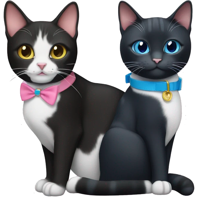 Black tuxedo cat with blue collar and tabby cat with pink collar emoji