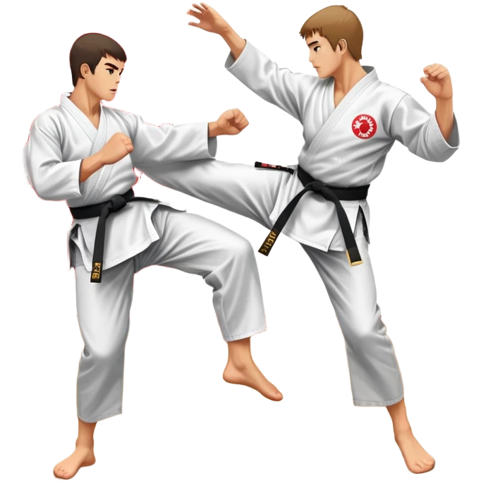 Two karate fighters in traditional gi sparring. One executes a high kick aimed at the opponent’s head, while the other blocks with a strong hand defense. The background features a classic dojo with wooden flooring and banners. Dynamic motion and focused expressions. Transparent background. emoji