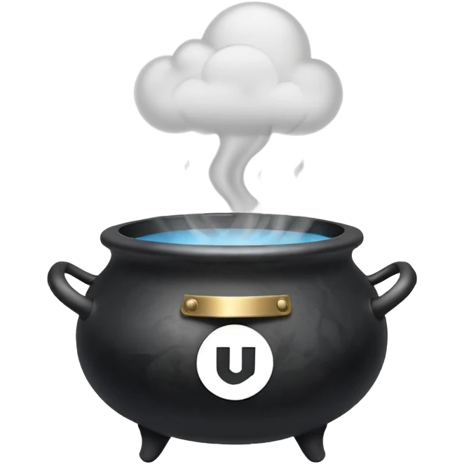 A black cauldron with smoke rising, and the white YouTube play button logo floating above the smoke emoji