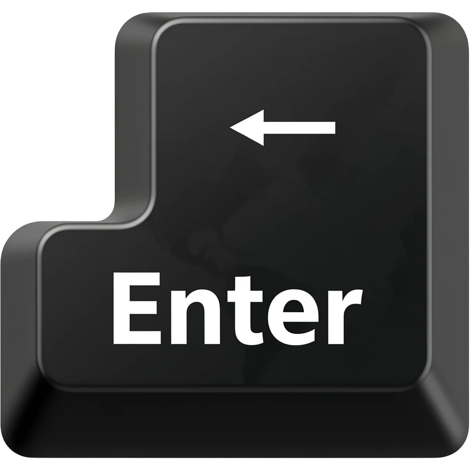 Glossy black L-shaped Enter keycap with a delicious candy-jelly texture. White "Enter" text and return arrow. 3D emoji style, white background. emoji