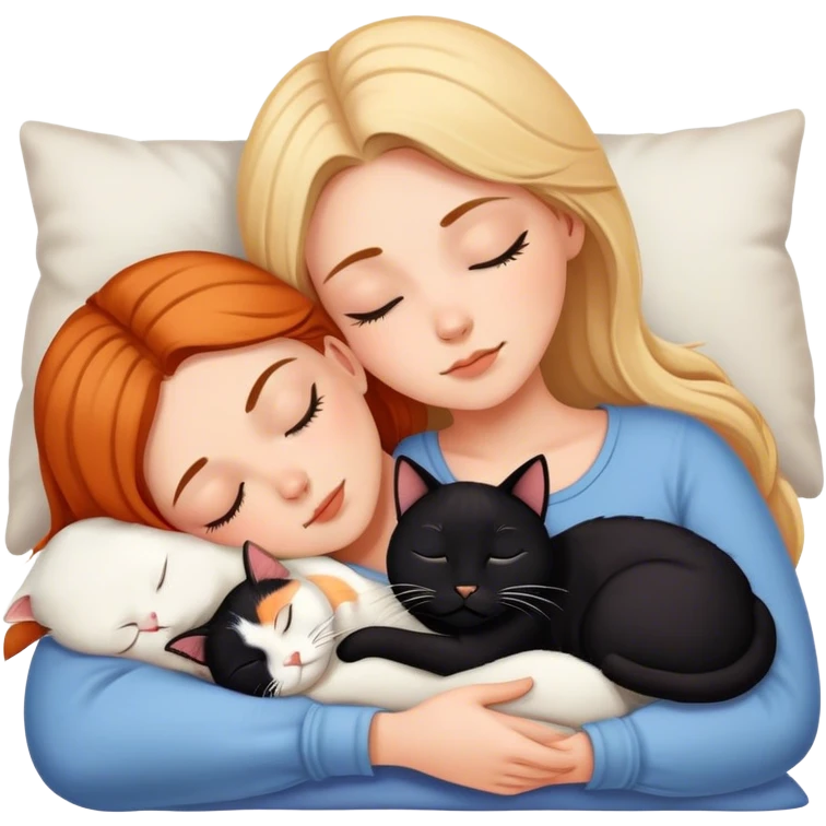  white girl sleeping with one black cat and one calico cat emoji