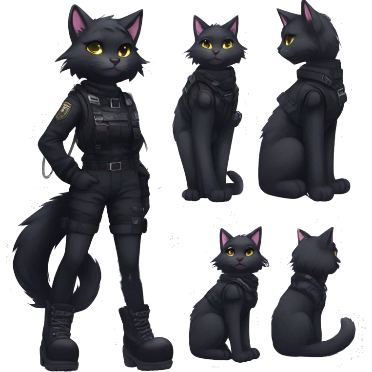 Gorgeous furry dark techwear anime style anthro black cat fursona with blushing face aesthetic and pretty edgy black with collar and harness trending style emoji