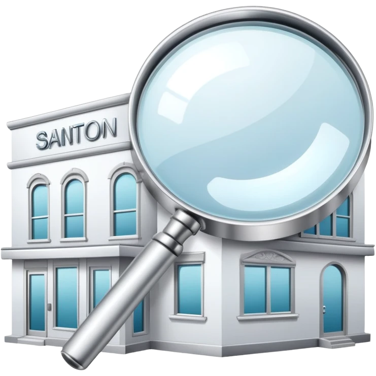 magnifying glass over a beauty salon building emoji