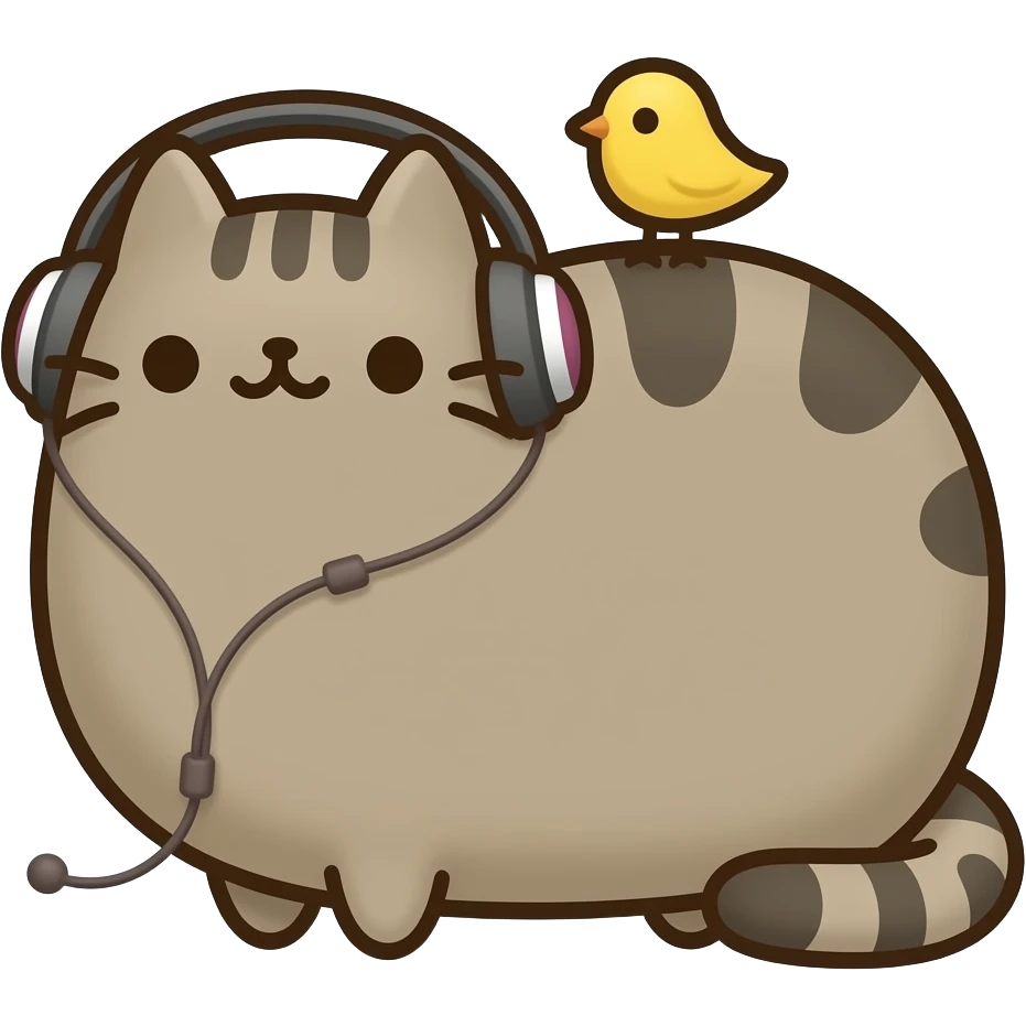 pusheen the cat with a small yellow bird on his head, listening to music in earphones. the image must be a transparent .png. no light or dark border or outer glow or stroke around the image contour emoji