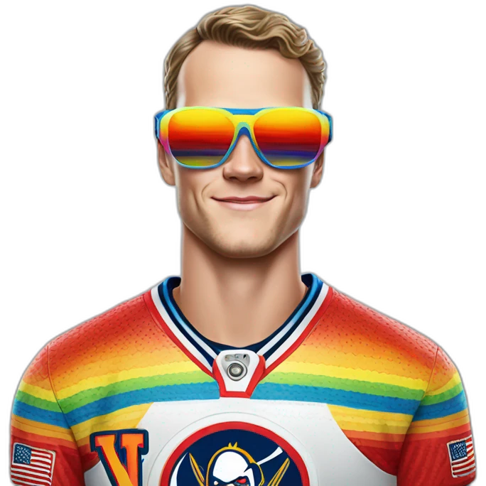 Fancy disco futuristic Jonathan Toews wearing rainbow lace shirt and wearing VR glasses and eating a moon pie emoji