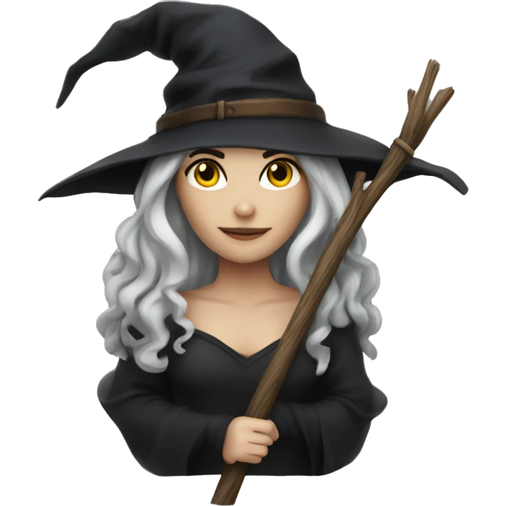 witch on a broom dark long hair white skin emoji