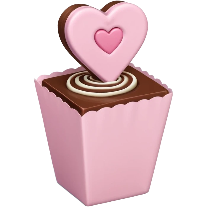Two square milk chocolate , Each praline is a sharp-edged cube with smooth glossy chocolate coating, placed in a small white fluted paper candy cup. On top of each cube is a flat pastel pink heart-shaped icing emoji