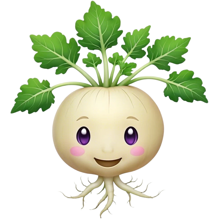 white turnip with slight purple shading with cute smiling baby-like face and leafy stalk and cute spindly roots from the bottom emoji