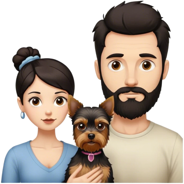 Tall pale guy with dark hair beard no glasses, and short woman with dark hair bun and a yorkshire terrier dog emoji
