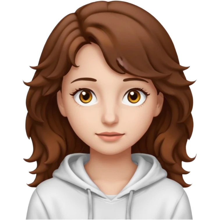 Una ragazza con una felpa semplice bianca,ha gli occhi marroni,i capelli marroni  , c’è gli ha lunghi e ricci ma non troppo e ha le ciglia stile emoji apple emoji
