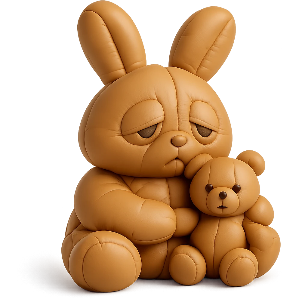 caramel bunny holding teddy bear, eyes drooping, cushion style emoji