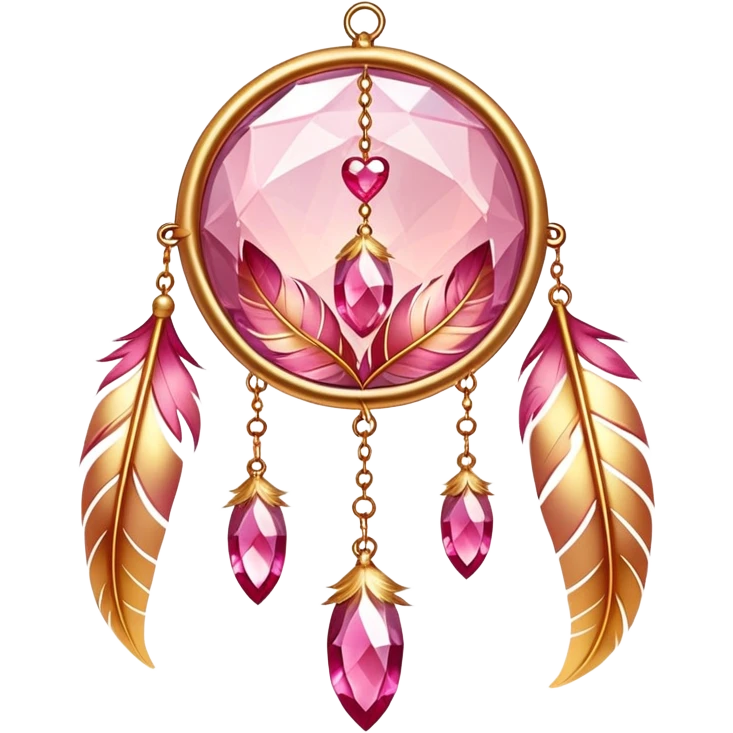Reddish-pinkish and golden warm-colored romantic lush beautiful pretty hanging crystal-catcher aesthetic with hearts and sparkles and feathers emoji