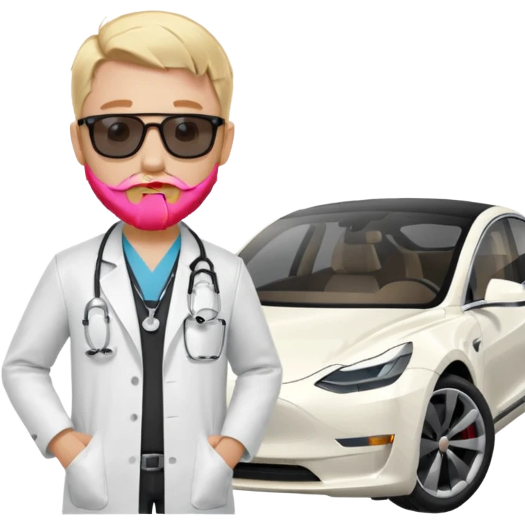 White tesla model 3 and one cool physician with blond hair, beard, stetoscope and dark sunglasses next to it emoji