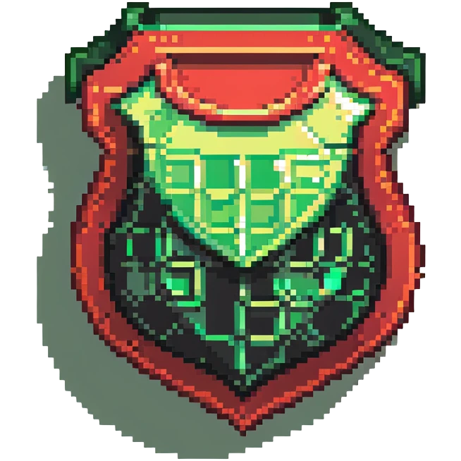 Member badge with a shield shape and green to red gradient background with pixel art details emoji