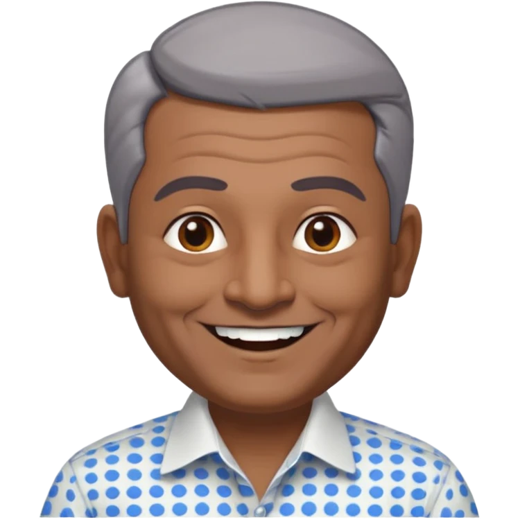 50 yr old indian man, dark skin, grey hair, big smile, white teeth, chubby, no moustache, clean shaven, young style hair, hair brushed back, 5 oclock shadow, bindy dot on forehead, dress shirt emoji