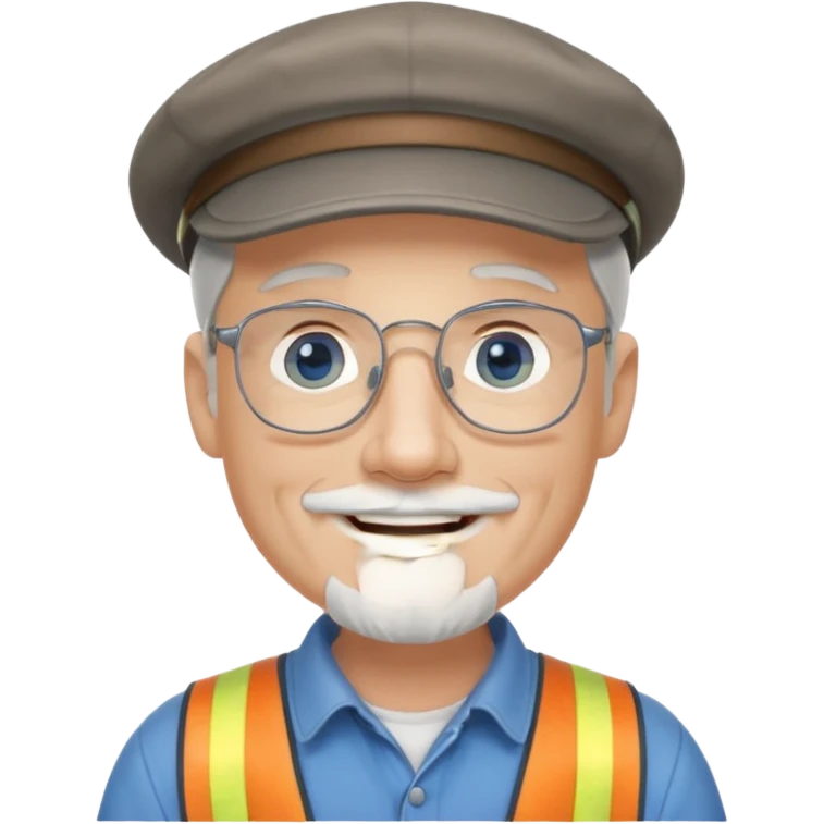 Older cute white male, goatee, grey Irish flat cap, smiling,handyman, blue eyes wire rim glasses, goatee emoji