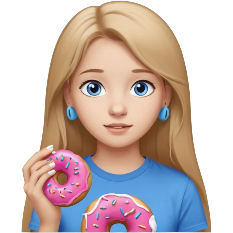 una ragazza dall‘ età di 19 anni con capelli biondo scuro lunghi e lisci ,  occhi celesti,  con addosso una maglietta con una ciambella e le cuffie airpods (bianche) ascoltando violetta emoji